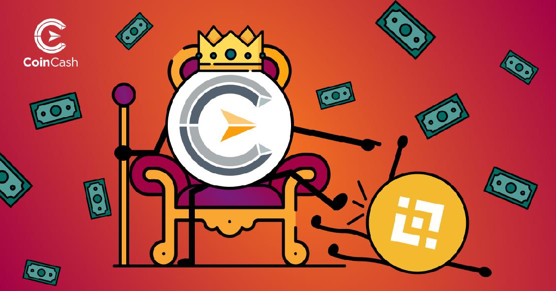 A CoinCash jele ül egy királyi trónon, koronával a tetjén, lábával lerúgja a Binance jelét